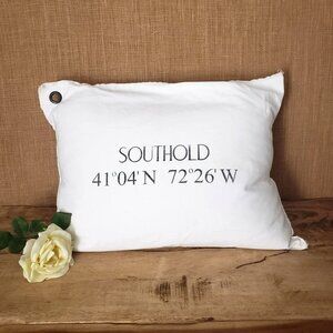 Southold LI Nautical Map Coordinates White Cotton Canvas Down Pillow Beach House